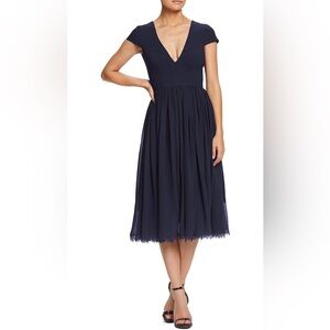 Dress the Population Women's Corey Plunging Mix Media Cap Sleeve Midi Dress